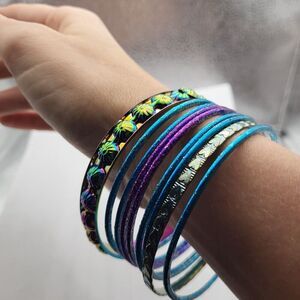 Vintage 90’s Boho Bangle Bracelet Set / Lot Of 9 Purple Blue